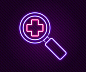 Glowing neon line Magnifying glass for search medical icon isolated on black background. Hospital search. Colorful outline concept. Vector