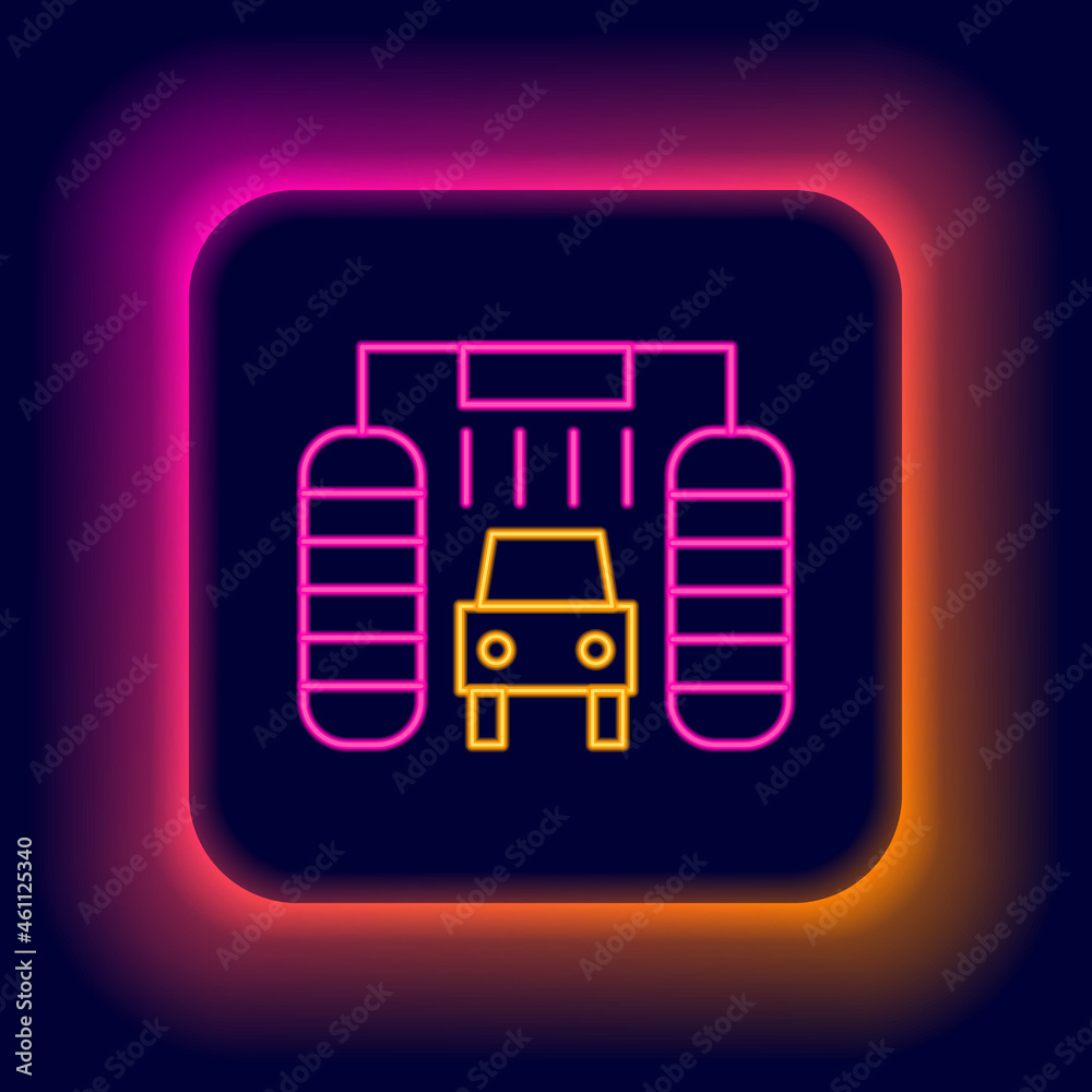 Sticker Glowing neon line Car wash icon isolated on black background. Carwash service and water cloud icon. Colorful outline concept. Vector