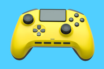 Realistic yellow joystick for video game controller on blue background