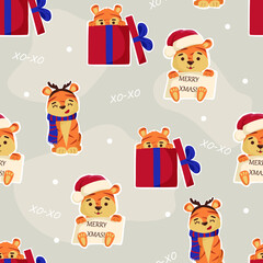 Cute seamless New Year and Christmas pattern with tiger. Stock vector illustration. Merry christmas and new year. Pattern for fabric, textile and wrapping paper.