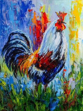 Painting of a rooster on a colored background painted with oil paints