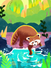 Red panda in jungle child illustration. Animal look at lake mirror. Fantasy art fairy landscape