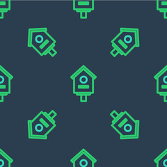 Line Bird house icon isolated seamless pattern on blue background. Nesting box birdhouse, homemade building for birds. Vector