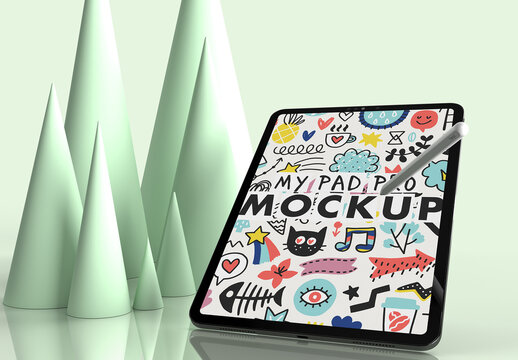 Tablet Mockup with Colorful Green Cones and a Sketchy Doodle Digital Pen