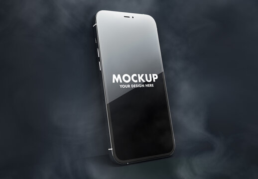 iphone 12 Pro Dark in Front and Back Left Side View and Grey Background Wall with Smoke