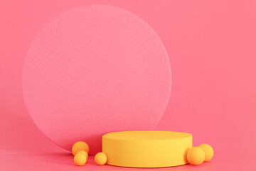 Yellow podium on the pink background. Podium for product, cosmetic presentation. Free space, copy space for text or logo. Pedestal or platform for beauty products.