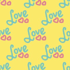 Seamless lettering pattern. Love letters and hearts. Blue, yellow and pink colors. Abstract yellow background. Designed for textile fabrics, wrapping paper, background, wallpaper, cover.