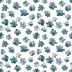 Seamless abstract floral pattern. Simple background with blue flowers and white texture. Digital botanical background. Designed for textile fabrics, wrapping paper, background, wallpaper, cover.
