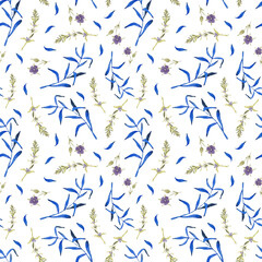 Watercolor blue leaves seamless pattern. Watercolor fabric. Repeat leaves. Use for design invitations, birthdays, weddings