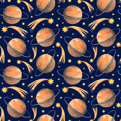 Saturn watercolor seamless pattern (digital paper). Space, solar system, galaxy, comet, star, sky. Blue background. For printing on textiles, fabrics, wrapping paper, case, notebook