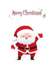 Merry Christmas greeting card with Santa Claus in a red camisole and a hat. Vector isolated illustration in flat style.