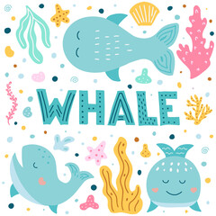 Whale set in hand drawn style. Vector illustration