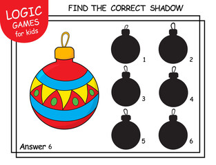Find the correct shadow of Christmas Ball. Task with answer. Cute cartoon new year toy. Educational matching activity for child with Ball. Learning worksheet with task for kids school or kindergarten