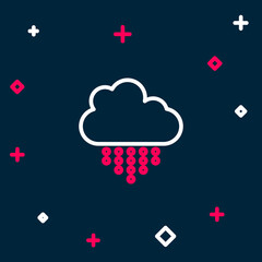 Line Cloud with rain icon isolated on blue background. Rain cloud precipitation with rain drops. Colorful outline concept. Vector