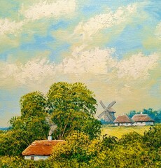 Oil rural paintings landscape, house in the countryside, windmill in the country
