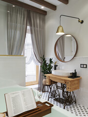 Bathroom interior. Wooden tray with a book and a glass. Washbasin on a sewing machine cabinet. 3D render.