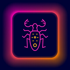 Glowing neon line Beetle deer icon isolated on black background. Horned beetle. Big insect. Colorful outline concept. Vector