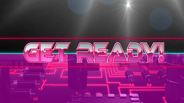 Animation of get ready in pink metallic letters over computer circuit board on pink background