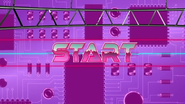 Animation of start in pink metallic letters over computer circuit board on pink background