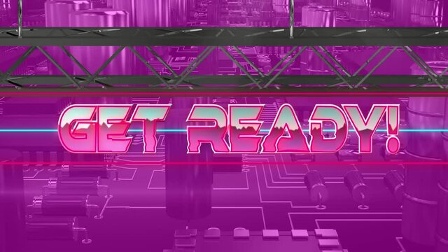 Animation of get ready in pink metallic letters over computer circuit board on pink background