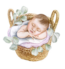 Sleeping baby, newborn on a blanket with green leaves. Childhood. Motherhood. Baby shower. Illustration. Watercolor isolated on white background. Happy family maternity concept;