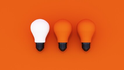 3d render. 3 light bulbs on an orange background. concept ideas