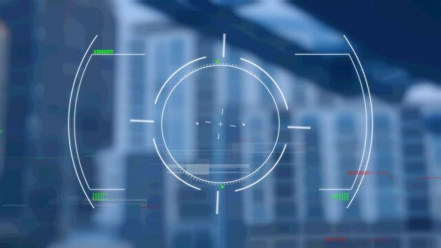 Animation of scope scanning over out of focus buildings in city