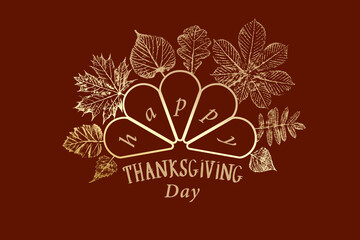 Happy Thanksgining Day Turkey Tail Shape Logo with Maple Hazel Oak Sycamore and Other Fall Leaves Greetings Template - Gold on Brown Background - Hand Drawn Design