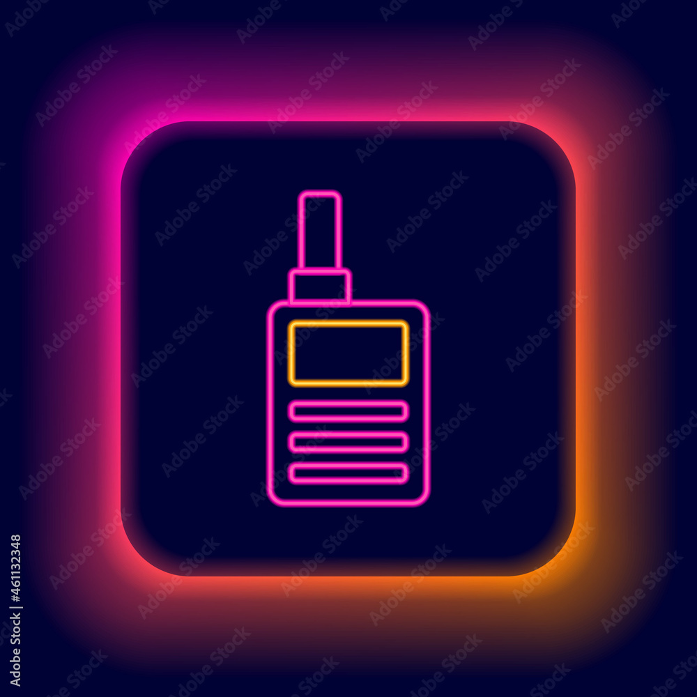 Sticker Glowing neon line Baby Monitor Walkie Talkie icon isolated on black background. Colorful outline concept. Vector