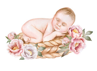 Obraz na płótnie Canvas Sleeping baby, newborn on a blanket with flowers peonies. Childhood. Motherhood. Baby shower. Illustration. Watercolor isolated on white background. Happy family maternity concept;