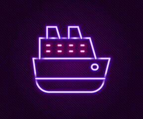 Glowing neon line Cruise ship icon isolated on black background. Travel tourism nautical transport. Voyage passenger ship, cruise liner. Worldwide cruise. Colorful outline concept. Vector