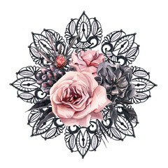 watercolor flower circle frame. Halloween wreath.