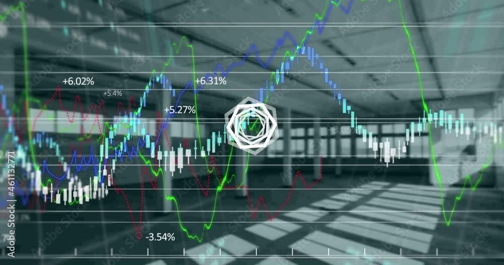 Poster abstract hexagonal shape over financial and stock market data processing against empty office