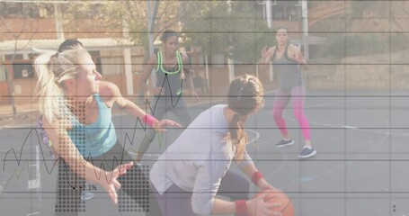 Animation of statistics and data processing over girls playing basketball - Powered by Adobe
