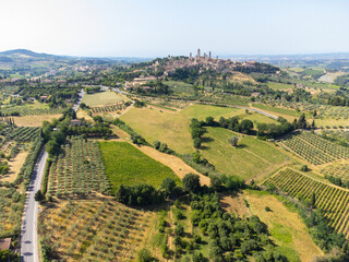 aerial view of Chianti in Tuscany with castles and farmhouses