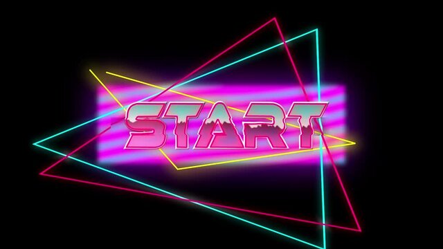 Animation of start text in pink metallic letters over neon triangles
