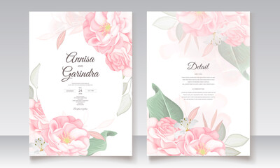 Elegant wedding invitation card with beautiful floral and leaves template Premium Vector 