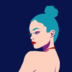 Fashion portrait profile woman bare shoulder. Blue hair bun. Vector isolated flat illustration on dark background