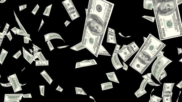 Money rain 3D background in 4k Animation of 100 dollar bills falling on green screen. Concept of business success, rich, millionaire, lottery and abundance. 3D Money Rain.