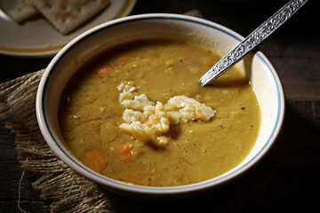 Split Pea Soup on Dark and Moody Background
