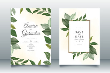 Elegant wedding invitation card with leaves template Premium Vector	