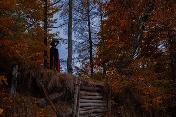 soft focus and noise polluted Halloween witch female portrait cosplay photography dusk October...