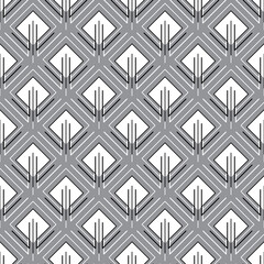 Simple abstract pattern. Seamless geometric background. White rhombuses, black and white contour curly elements on a gray background.