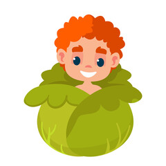 Redhead newborn toddler baby peeks out of a cabbage swing. Vector illustration in cartoon children s style. Isolated funny clipart. Cute print