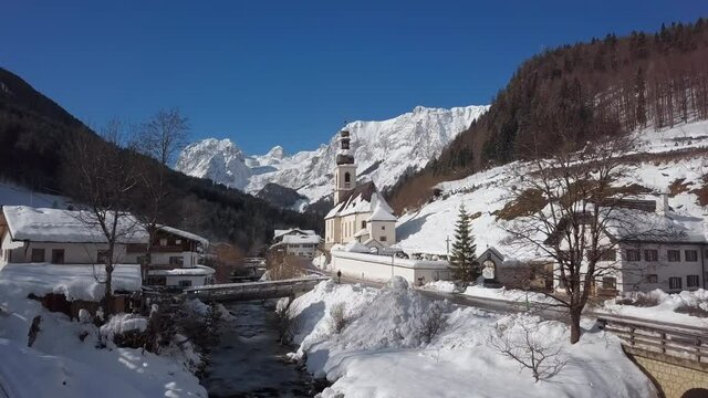 Winter aerial of church in Ramsau, Berchtesgaden, Germany
