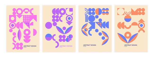 Collection of abstract geometric posters. Templates with circles, halves, leaves and labels. Design element for cover, postcard and social network. Cartoon flat vector set isolated on white background