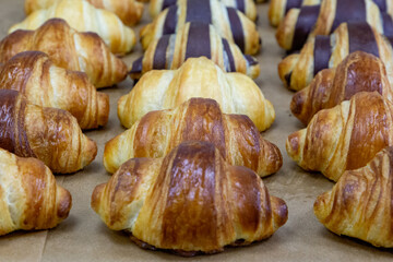 Many croissants with different flavors are arranged in dense rows on the table. Manual production of handmade croissants and pastries