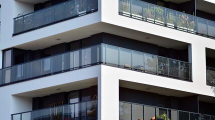 Fototapeta premium Modern apartment building. Modern urban architecture and details of building facade. Sunlight.