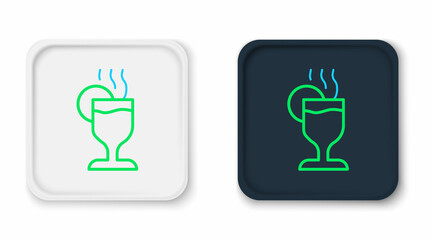 Line Mulled wine with glass of drink and ingredients icon isolated on white background. Cinnamon stick, clove, lemon slice. Colorful outline concept. Vector