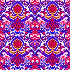 Colorful ikat pattern in vintage style. Elegant ethnic background. Hand drawn oriental art. Seamless geometric vintage texture.	